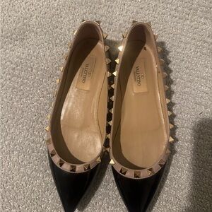 Valentino Black Flats with Gold Stud Accents
